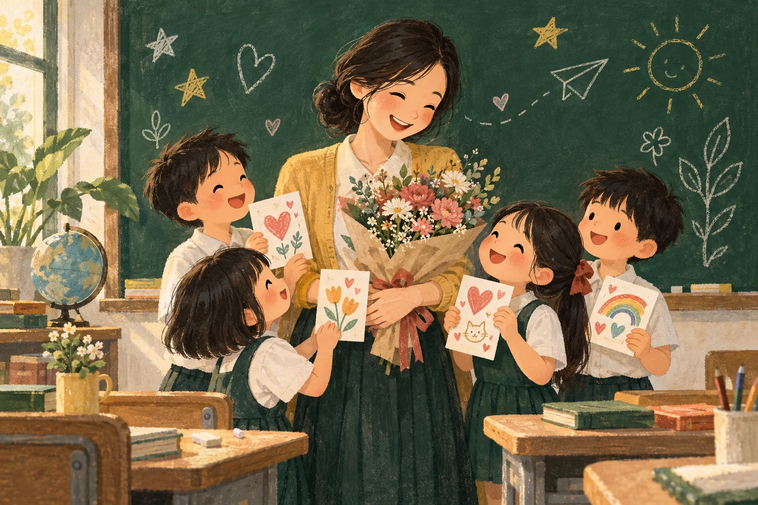 教師節教室插畫：學生送上花束與感謝卡，向老師表達謝意